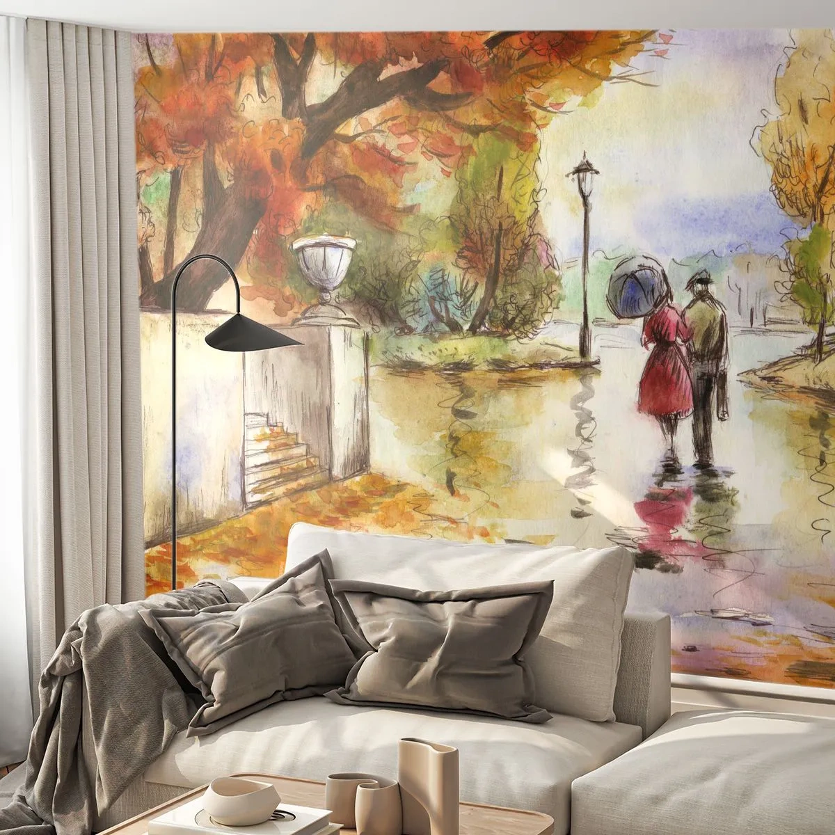 Fototapeta Standard Eco - Jesienny spacer pary w deszczu, akwarelowa ilustracja - 100x70cm - Romantyczna jesień w parku - Nowoczesna dekoracja ścienna do salonu i sypialni ARTTOR