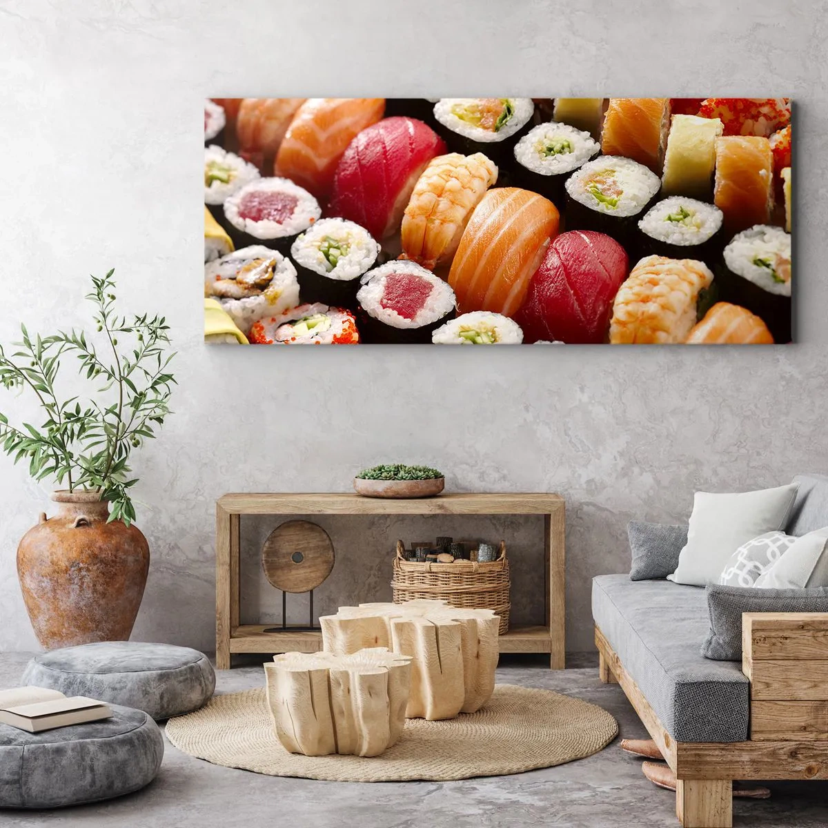Obraz na płótnie - Kolorowe sushi ułożone w rzędy z różnorodnymi dodatkami - 160x50cm - Barwy i smaki Azji - Nowoczesna dekoracja ścienna do salonu i sypialni ARTTOR