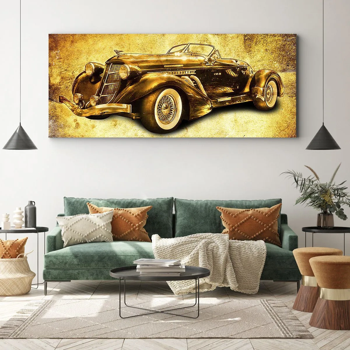 Obraz na płótnie - Złoty klasyczny kabriolet retro na tle vintage w ciepłych barwach - 120x50cm - Elita elit - Nowoczesna dekoracja ścienna do salonu i sypialni ARTTOR
