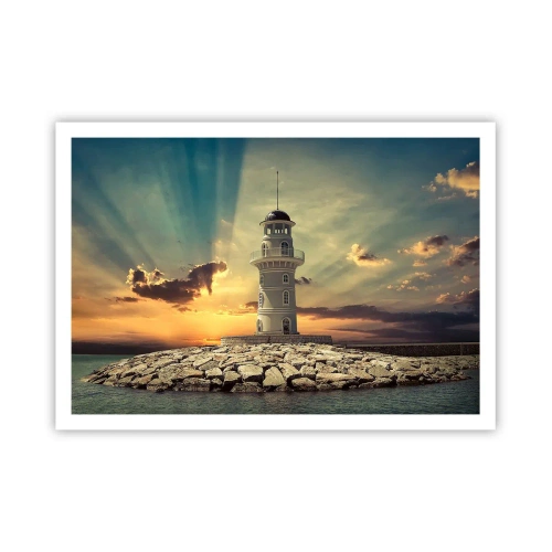 Plakat - Latarnia morska o zachodzie słońca na tle nieba - 100x70cm - Światło - Dobro - Piękno - Nowoczesna dekoracja ścienna do salonu i sypialni ARTTOR