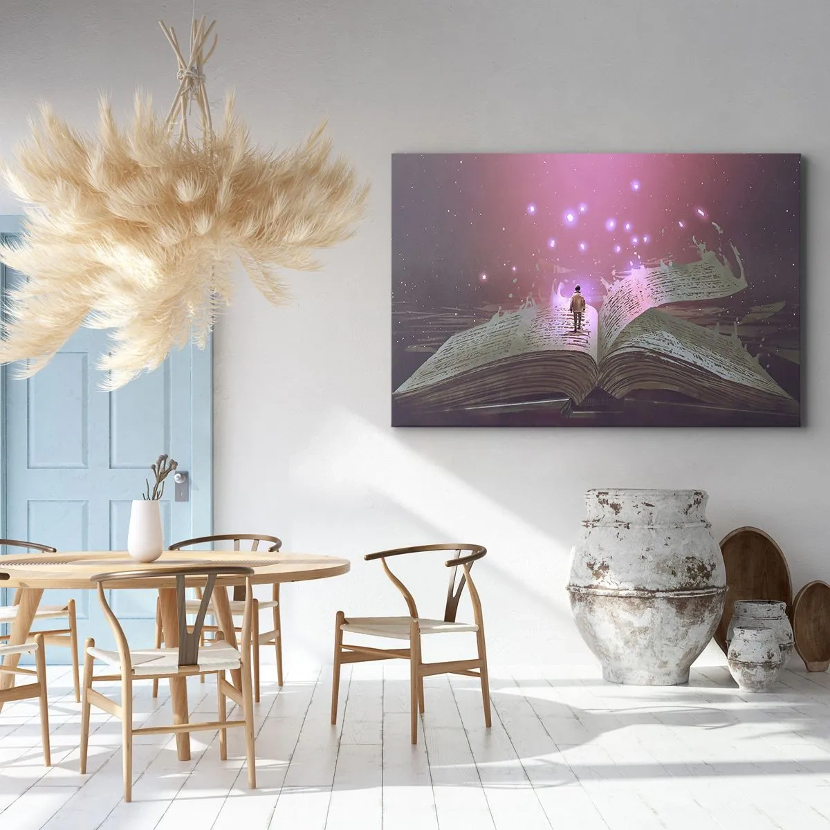 Obraz na płótnie - Postać wchodząca na otwartą książkę w magicznym świetle - 70x50cm - Zaproszenie do innego świata - przeczytaj! - Nowoczesna dekoracja ścienna do salonu i sypialni ARTTOR