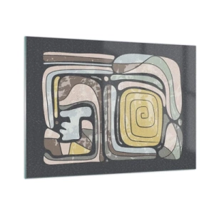 Obraz na szkle - Geometryczna abstrakcja w kolorach ziemi na czarnym tle - 100x70cm - Abstrakcja w duchu prekolumbijskim - Nowoczesna dekoracja ścienna do salonu, kuchni i sypialni ARTTOR