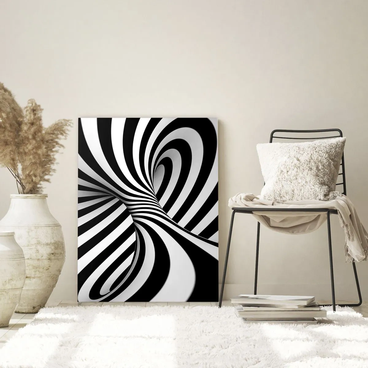 Obraz na szkle - Czarno-biała spirala tworząca dynamiczny efekt przestrzenny - 50x70cm - Kompozycja: tańcząca przestrzeń - Nowoczesna dekoracja ścienna do salonu, kuchni i sypialni ARTTOR