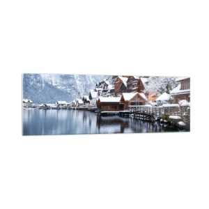 Obraz na szkle - Zimowy widok na górską miejscowość nad jeziorem - 160x50cm - W zimowej dekoracji - Nowoczesna dekoracja ścienna do salonu i sypialni ARTTOR