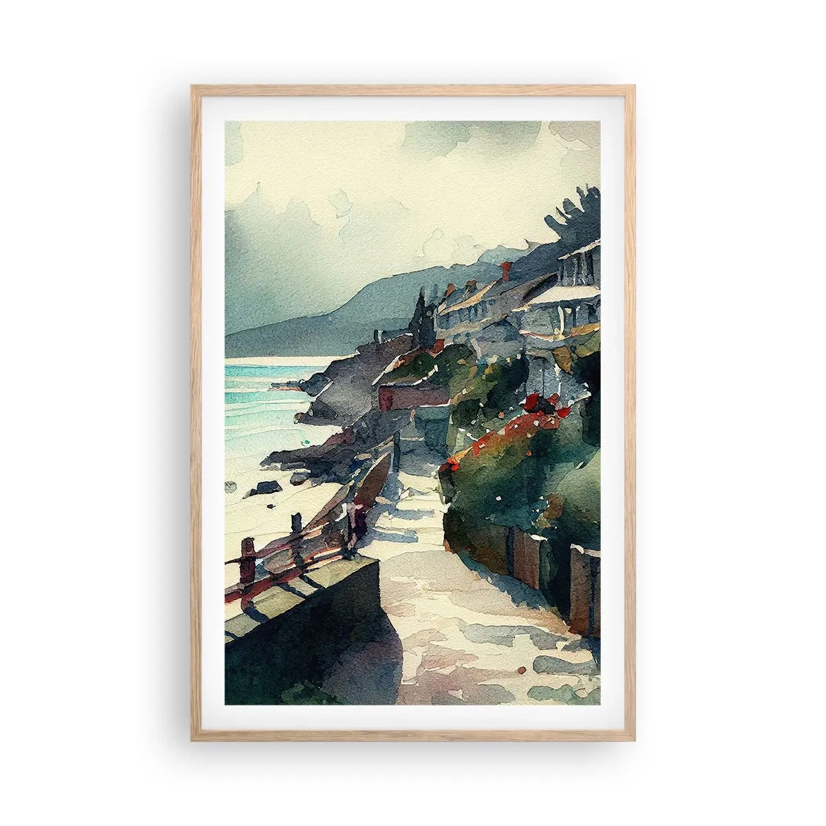 Plakat w ramie jasny dąb - Śródziemnomorskie miasteczko - 61x91 cm