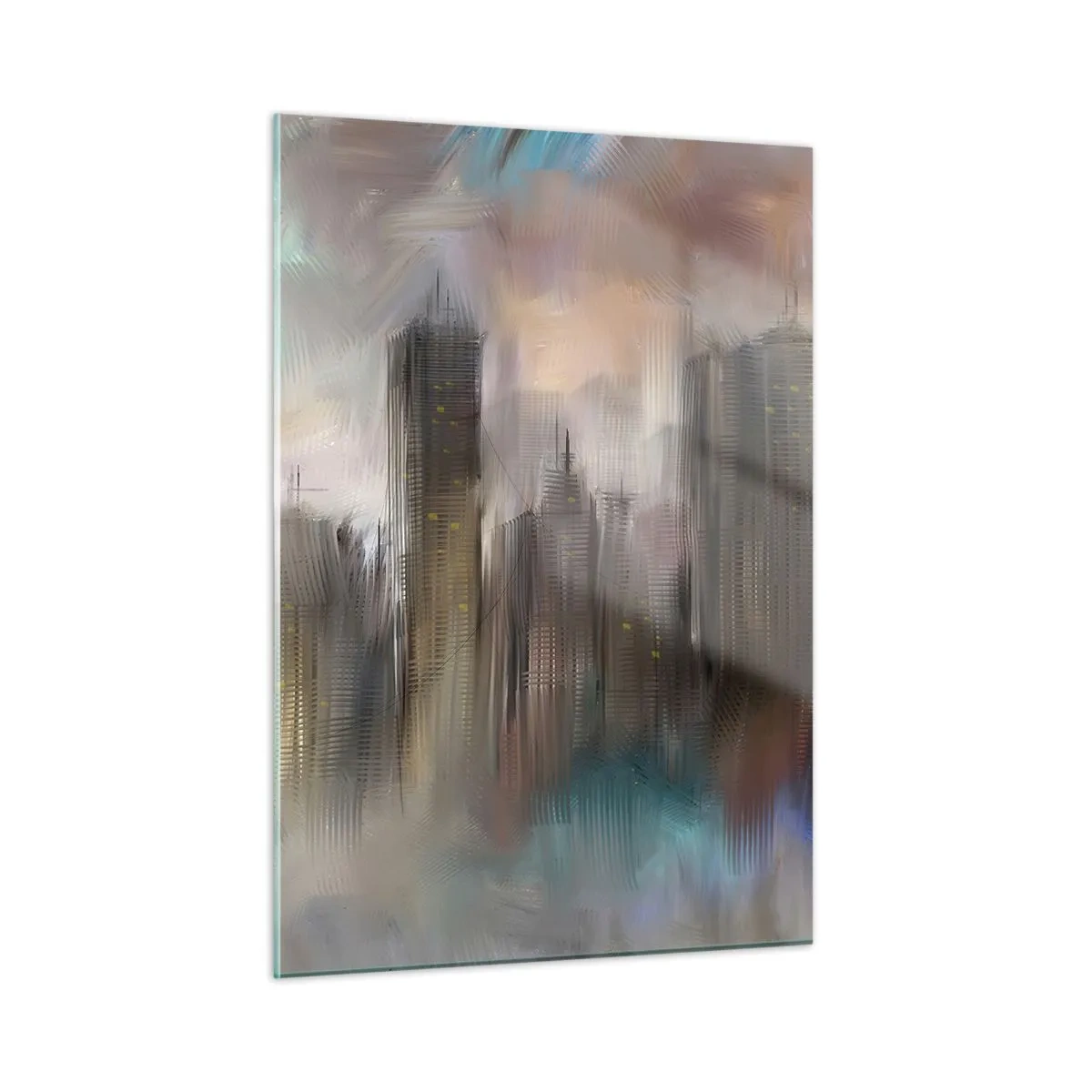 Obraz na szkle - Abstrakcyjny obraz miasta z wieżowcami - 50x70cm - Kompozycja ze stali, kamienia i mgły - Nowoczesna dekoracja ścienna do salonu, kuchni i sypialni ARTTOR