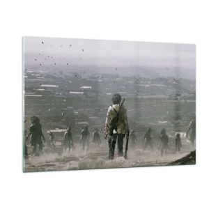Obraz na szkle - Postać z karabinem w mrocznej scenerii zbliżającej się grupy - 120x80cm - Ostatni sprawiedliwy? - Nowoczesna dekoracja ścienna do salonu, kuchni i sypialni ARTTOR