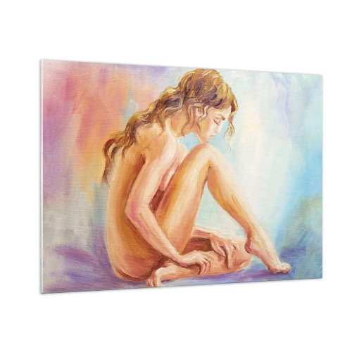 Obraz na szkle - Kobieta w subtelnej refleksji na tle pastelowych barw - 100x70cm - Akt młodości - Nowoczesna dekoracja ścienna do salonu, kuchni i sypialni ARTTOR