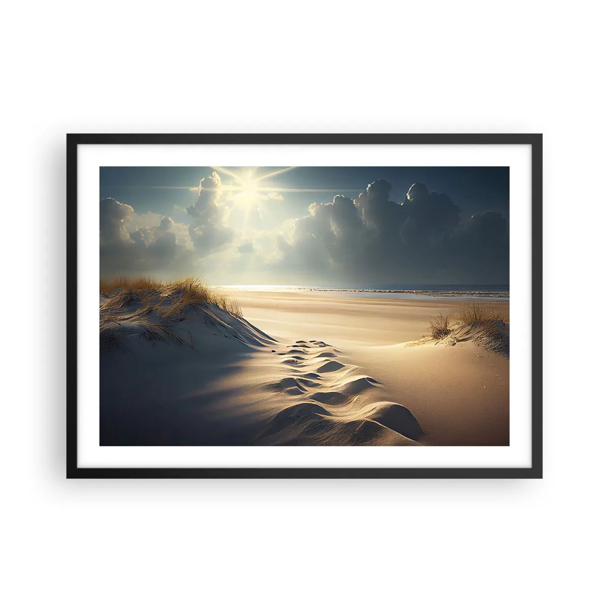 Plakat w czarnej ramie - Złote wydmy na plaży o zachodzie słońca z widokiem na morze - 70x50cm - Kojący pejzaż - Nowoczesna dekoracja ścienna do salonu i sypialni ARTTOR