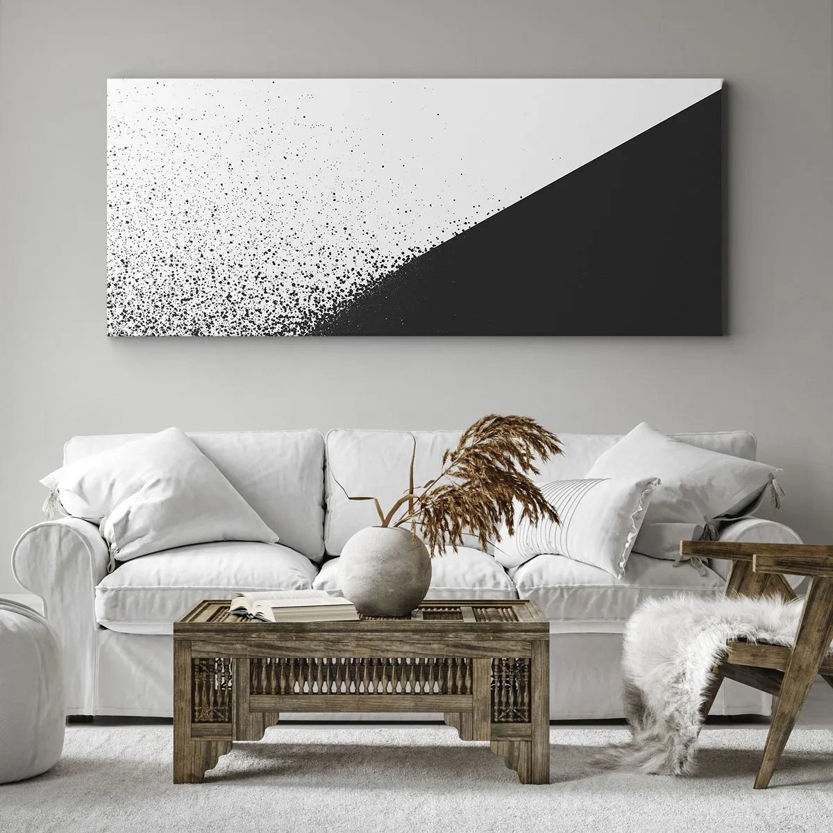 Obraz na płótnie - Minimalistyczna abstrakcja w czerni i bieli z rozproszonymi kropkami - 140x50cm - Coraz szybciej, coraz więcej - Nowoczesna dekoracja ścienna do salonu i sypialni ARTTOR
