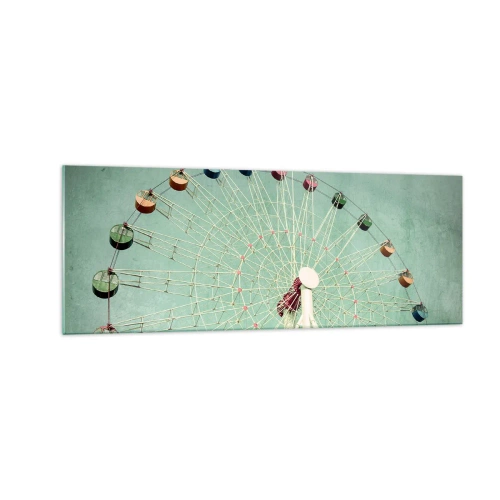 Obraz na szkle - Kolorowy diabelski młyn na tle błękitnego nieba w stylu retro - 140x50cm - Zapraszamy do zabawy - Nowoczesna dekoracja ścienna do salonu i sypialni ARTTOR