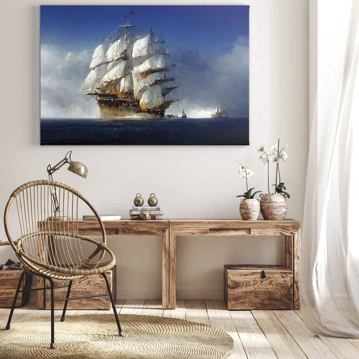 Obraz na płótnie - Żaglowiec na otwartym morzu pod błękitnym niebem - 70x50cm - The great glory! - Nowoczesna dekoracja ścienna do salonu i sypialni ARTTOR