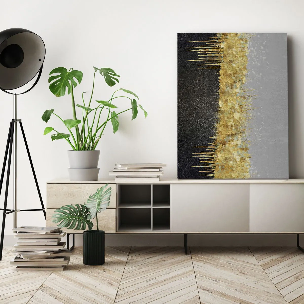 Obraz na płótnie - Abstrakcyjna kompozycja w odcieniach złota, czerni i szarości - 50x70cm - W głąb i ku górze - Nowoczesna dekoracja ścienna do salonu, kuchni i sypialni ARTTOR