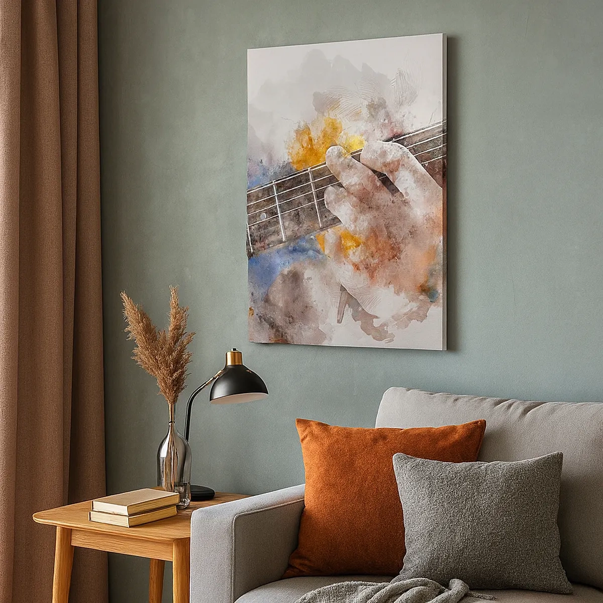 Obraz na płótnie - Artystyczna ilustracja dłoni grającej na gitarze - 50x70cm - Poezja między strunami - Nowoczesna dekoracja ścienna do salonu, kuchni i sypialni ARTTOR