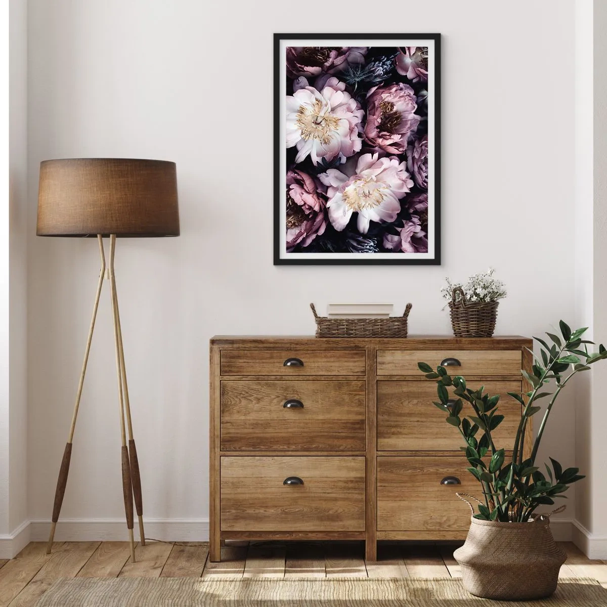 Plakat w czarnej ramie - Delikatne kwiaty piwonii w stonowanych kolorach - 50x70cm - Bukiet w dawnym stylu - Nowoczesna dekoracja ścienna do salonu i sypialni ARTTOR