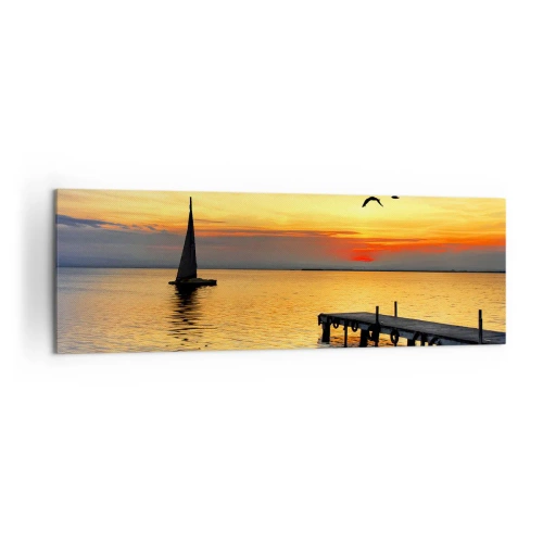 Obraz na płótnie - Zachód słońca z żaglówką i molo nad spokojnym jeziorem - 160x50cm - Wieczorne powroty - Nowoczesna dekoracja ścienna do salonu i sypialni ARTTOR