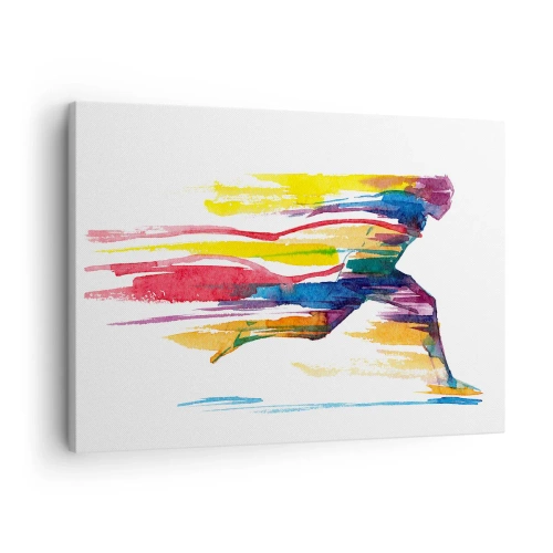 Obraz na płótnie - Biegacz w abstrakcyjnych kolorach symbolizujący dynamikę i energię - 70x50cm - Bieg przez tęczę - Nowoczesna dekoracja ścienna do salonu i sypialni ARTTOR