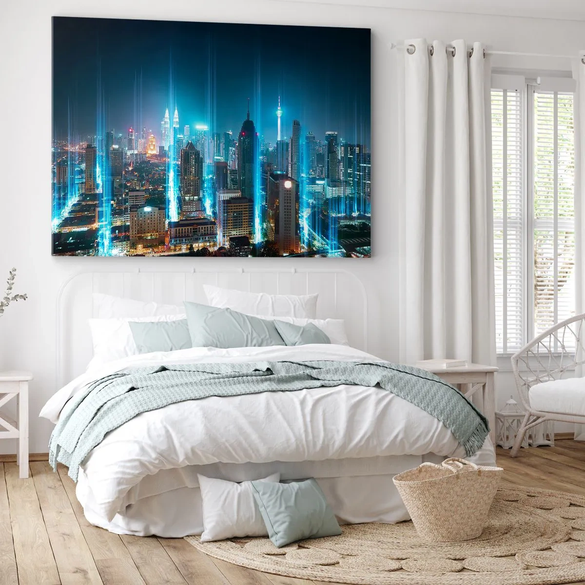 Obraz na płótnie - Nowoczesne miasto nocą z futurystycznymi świetlnymi akcentami - 70x50cm - Po berlińsku do nieba - Nowoczesna dekoracja ścienna do salonu i sypialni ARTTOR