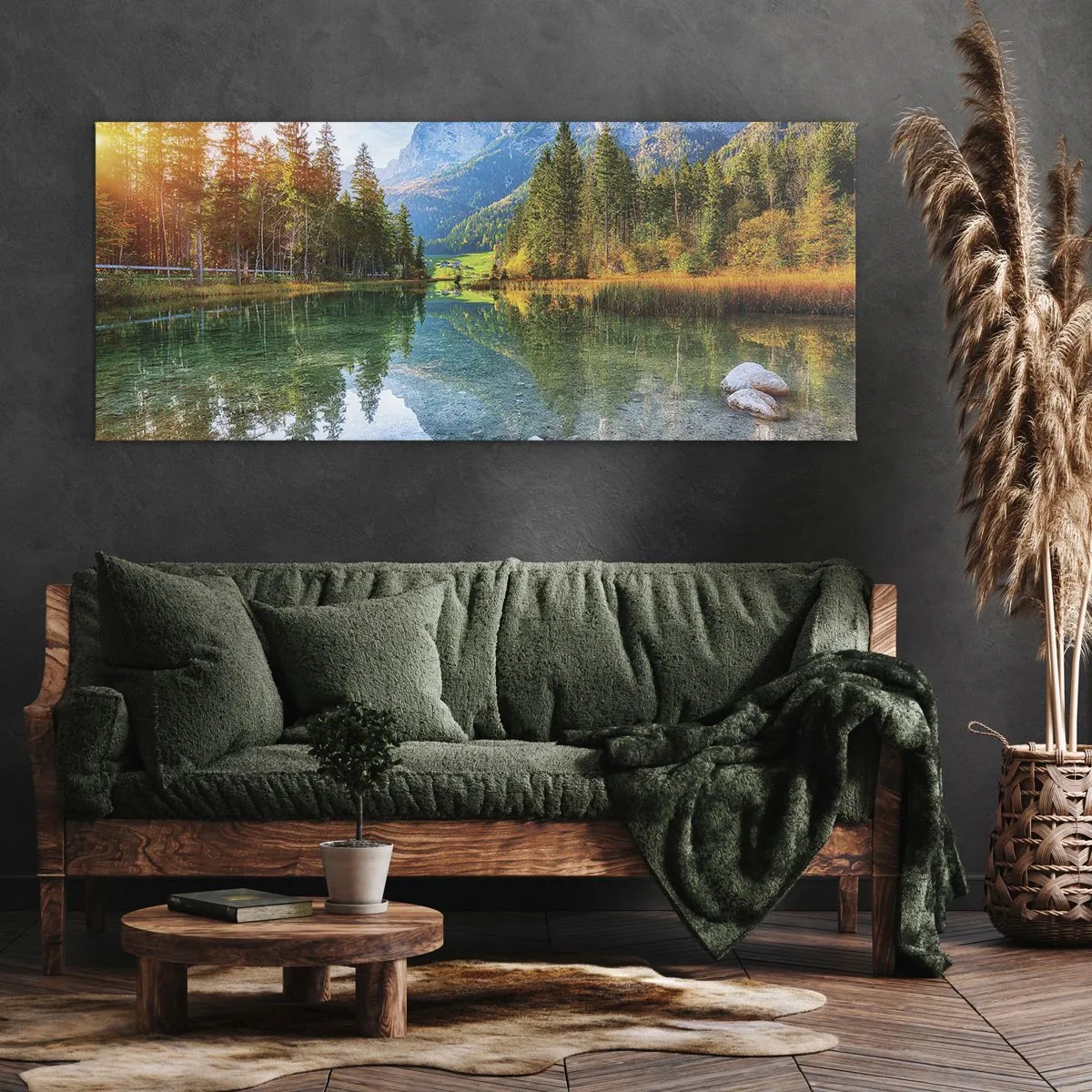 Obraz na płótnie - Malownicze jezioro w otoczeniu gór i lasów - 120x50cm - Łagodność jesieni - Nowoczesna dekoracja ścienna do salonu i sypialni ARTTOR