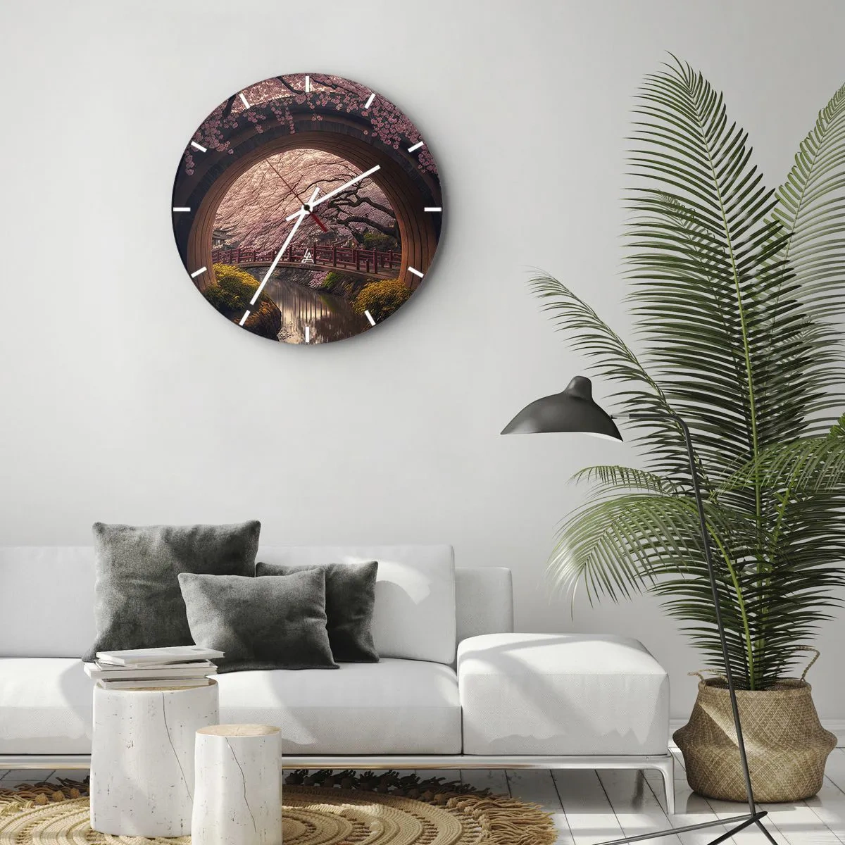 Zegar ścienny - Widok na most wśród kwitnących wiśni w stylu japońskim przez okrągłą bramę - 30x30cm - Japońska wiosna - Nowoczesna dekoracja ścienna do salonu, kuchni i sypialni ARTTOR