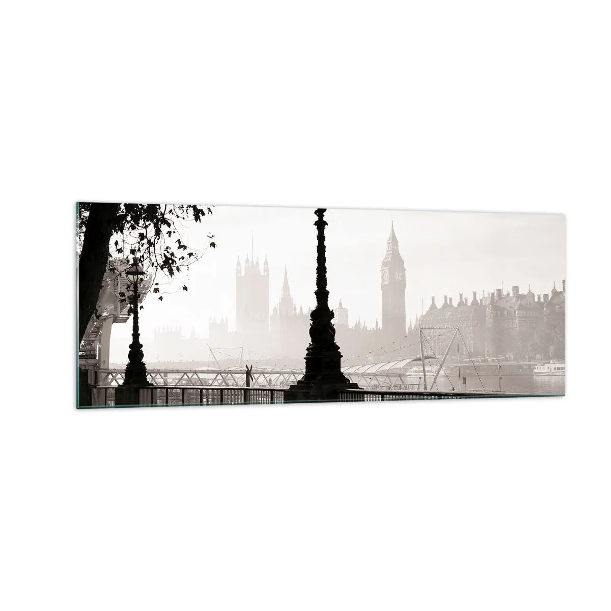 Obraz na szkle - Monochromatyczny widok na Big Ben i Tamizę - 140x50cm - Londyński poranek - Nowoczesna dekoracja ścienna do salonu i sypialni ARTTOR