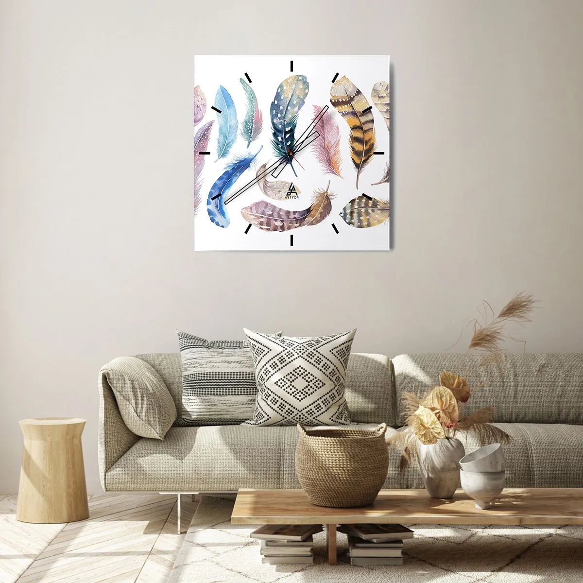 Zegar ścienny - Kolorowe pióra w delikatnym akwarelowym stylu - 30x30cm - Lekkie, pstrokate i wielobarwne - Nowoczesna dekoracja ścienna do salonu i sypialni ARTTOR