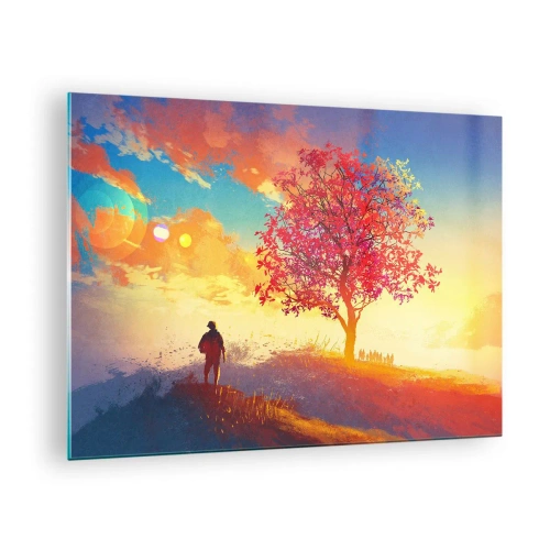 Obraz na szkle - Postać na tle barwnego nieba i drzewa w ciepłych kolorach - 70x50cm - Pielgrzym u celu - Nowoczesna dekoracja ścienna do salonu i sypialni ARTTOR