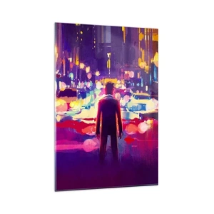 Obraz na szkle - Mężczyzna w neonowej scenerii miejskiej nocy - 80x120cm - Zanurzony w świetle - Nowoczesna dekoracja ścienna do salonu i sypialni ARTTOR