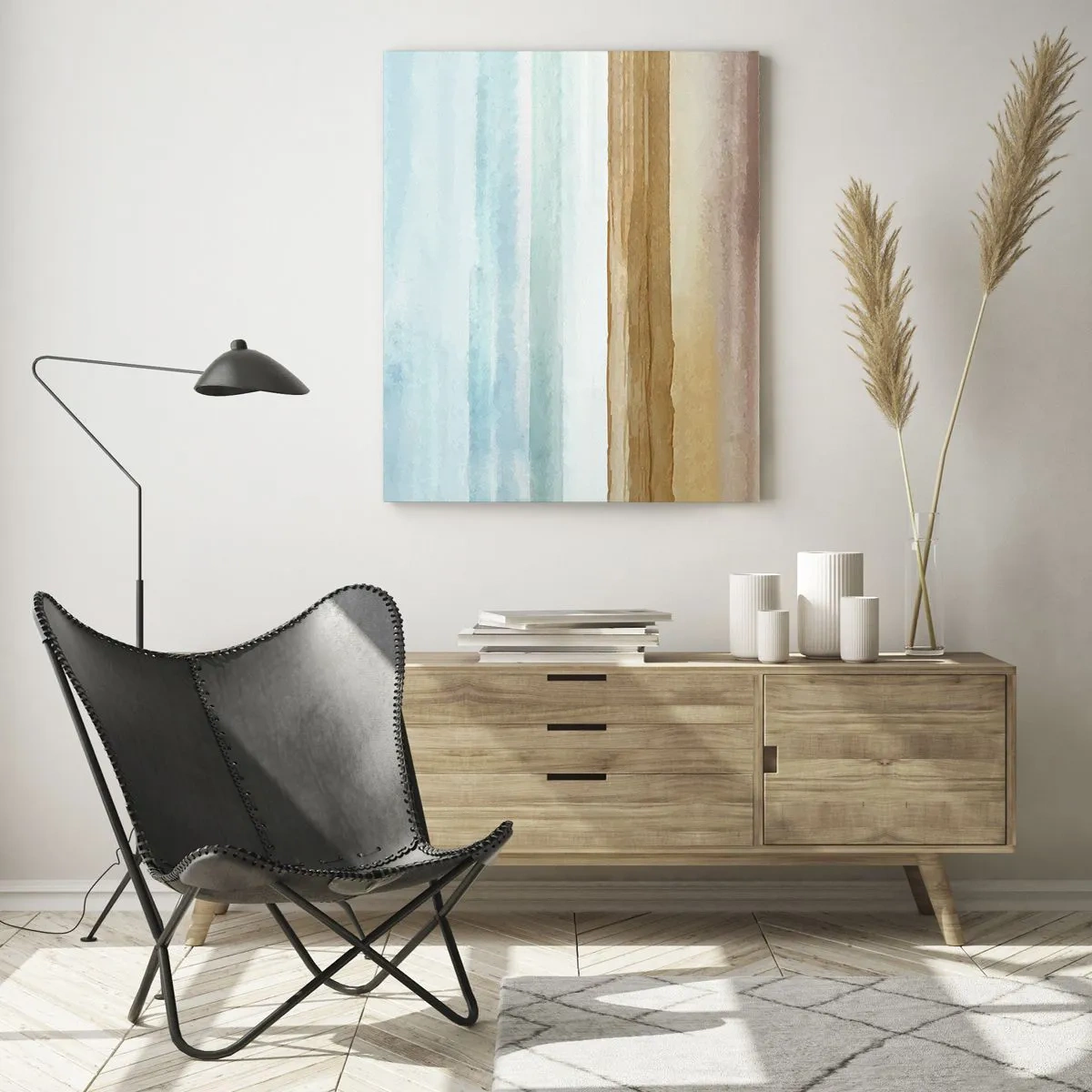 Obraz na szkle - Minimalistyczna plaża w pastelowym akwarelowym stylu - 50x70cm - Ukojenie - Nowoczesna dekoracja ścienna do salonu, kuchni i sypialni ARTTOR