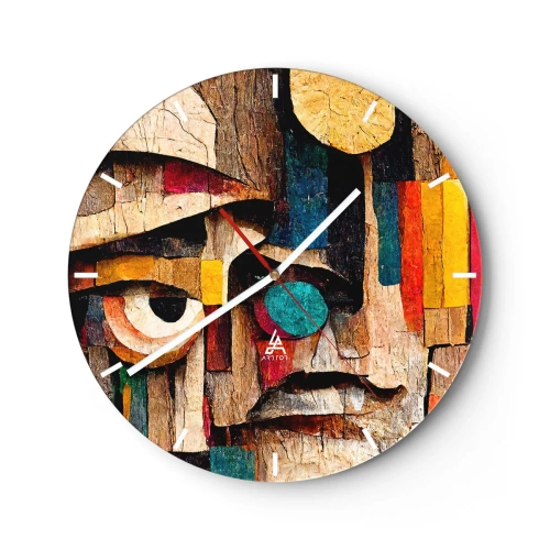 Zegar ścienny - Kolorowa twarz w stylu drewnianej mozaiki z geometrycznych kształtów - 30x30cm - Widzę cię… - Nowoczesna dekoracja ścienna do salonu, kuchni i sypialni ARTTOR
