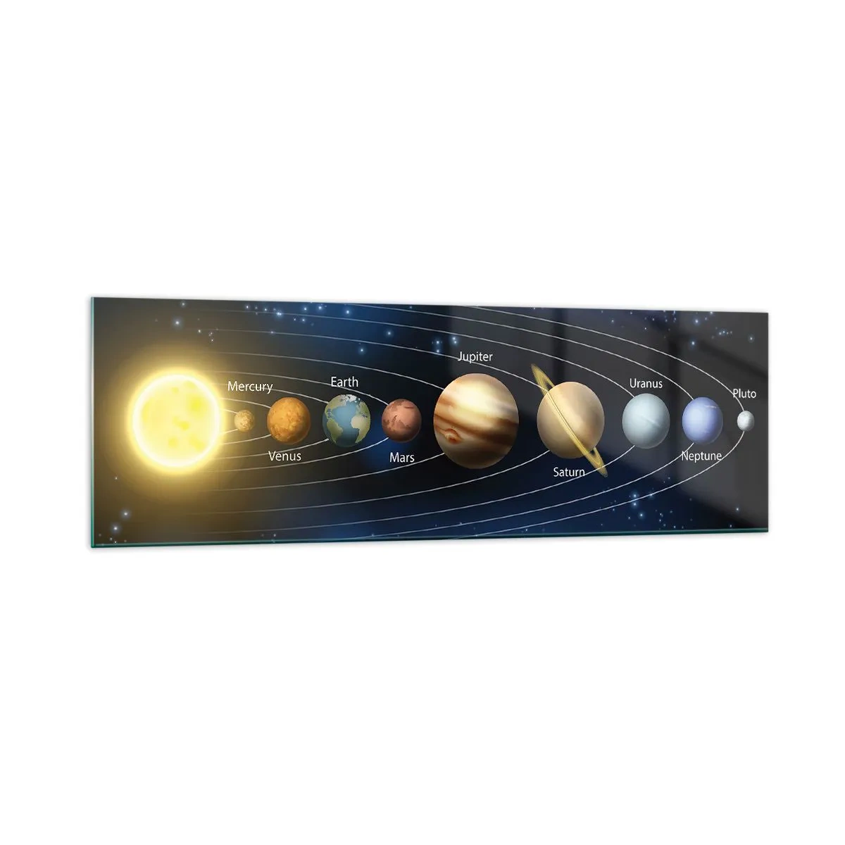 Obraz na szkle - Schemat układu słonecznego z planetami i słońcem - 160x50cm - Jedna z dziesięciu - Nowoczesna dekoracja ścienna do salonu i sypialni ARTTOR