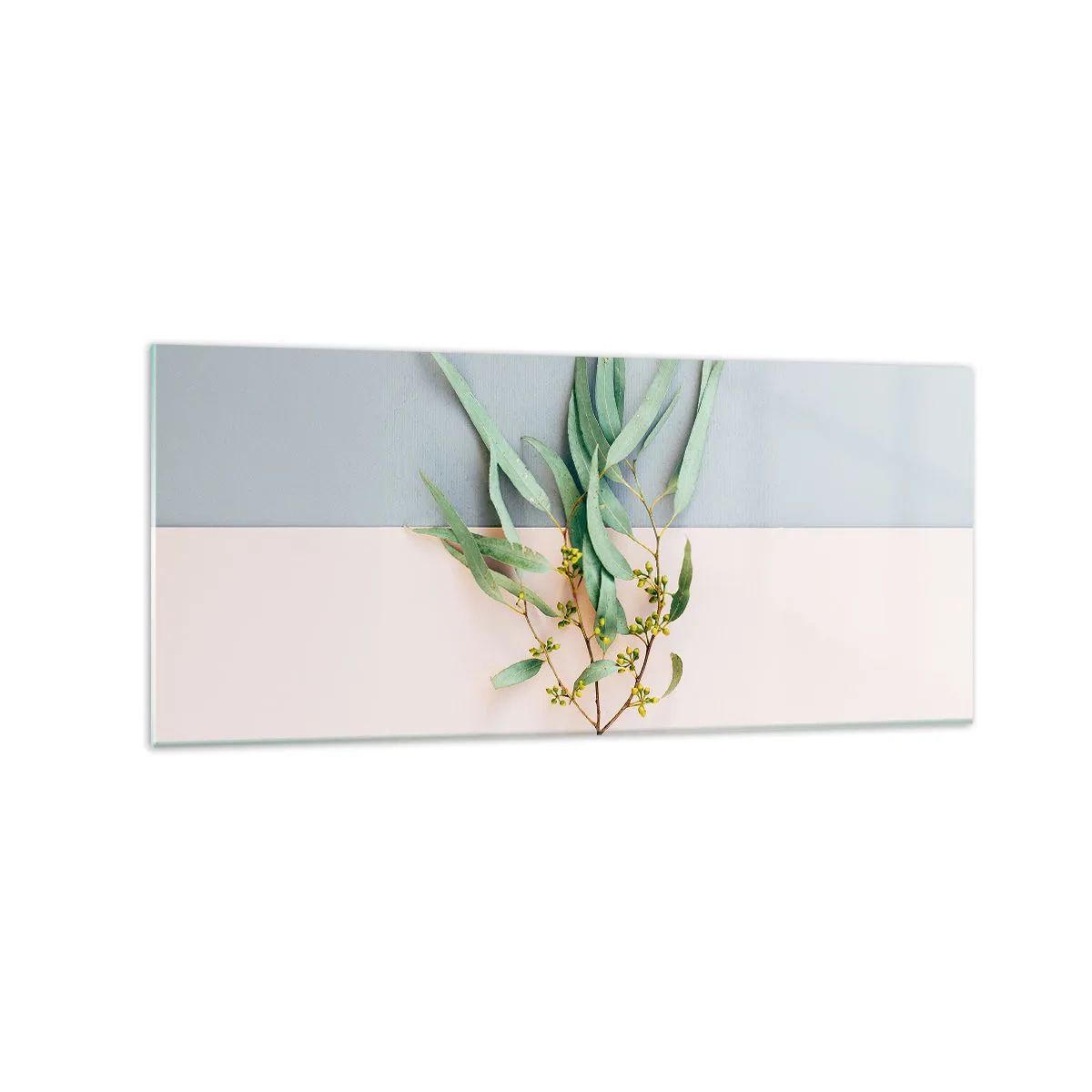 Obraz na szkle - Gałązka z liśćmi na tle pastelowych odcieni - 120x50cm - Pastelowa subtelność - Nowoczesna dekoracja ścienna do salonu i sypialni ARTTOR