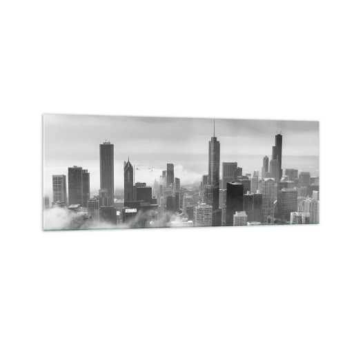Obraz na szkle - Panorama miasta z wieżowcami w chmurach w czerni i bieli - 140x50cm - Pejzaż amerykański - Nowoczesna dekoracja ścienna do salonu i sypialni ARTTOR