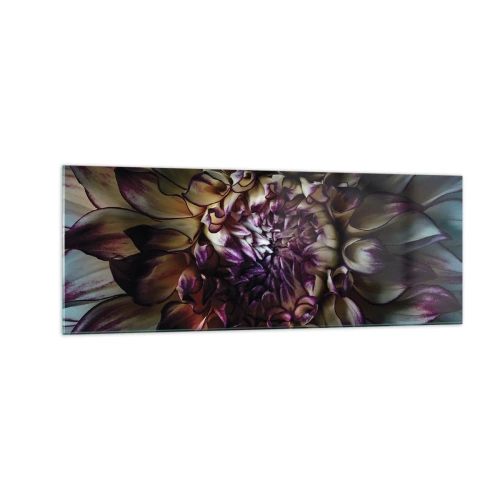 Obraz na szkle - Zbliżenie na kwiat dalii w ciemnych tonach - 140x50cm - Rozkwit młodości - Nowoczesna dekoracja ścienna do salonu i sypialni ARTTOR