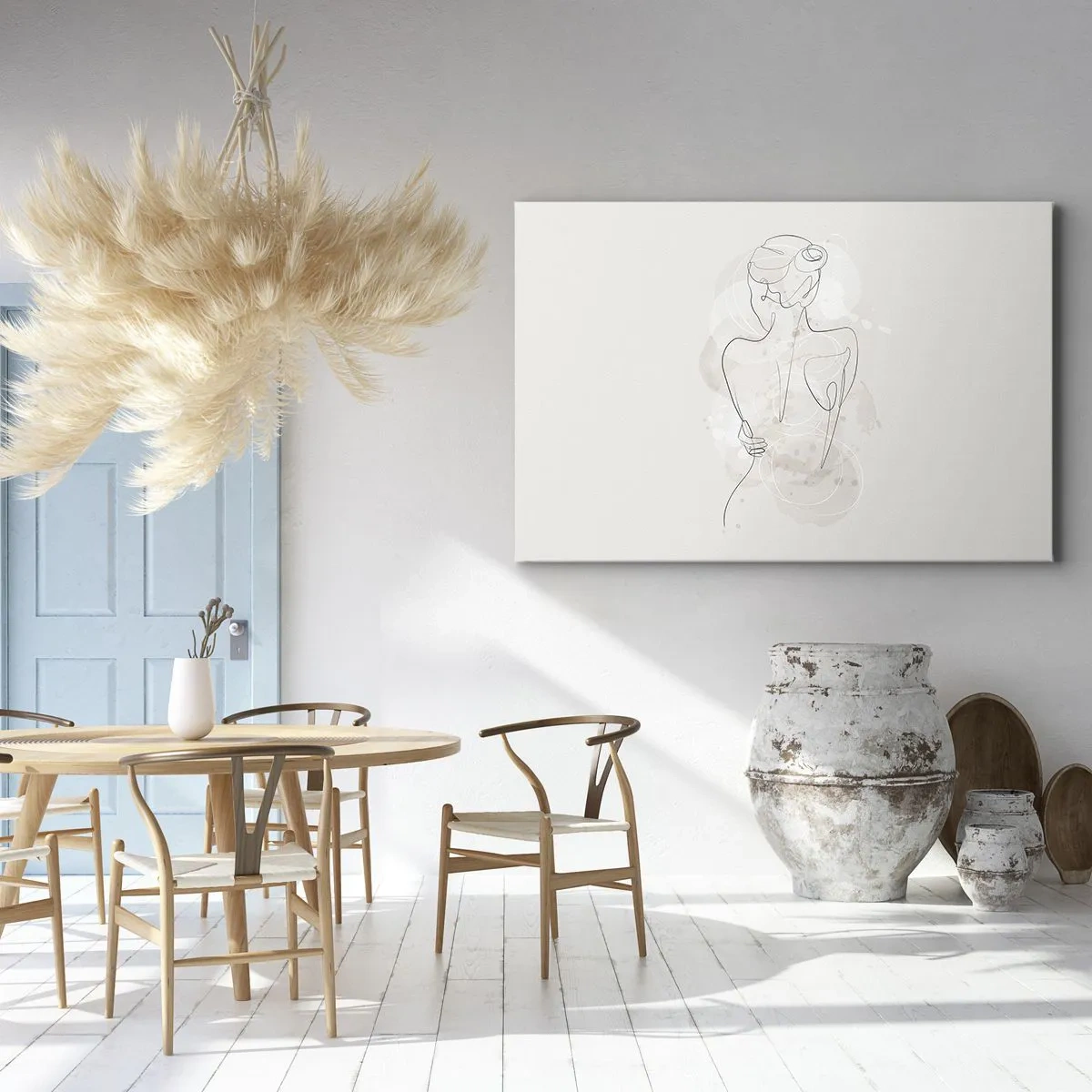 Obraz na płótnie - Minimalistyczny szkic kobiecej sylwetki na jasnym tle - 70x50cm - Jak czuły instrument - Nowoczesna dekoracja ścienna do salonu i sypialni ARTTOR