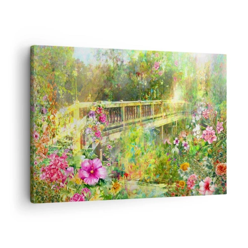 Obraz na płótnie - Most w otoczeniu bujnej roślinności i kwiatów - 70x50cm - Mostek wiosennych westchnień - Nowoczesna dekoracja ścienna do salonu i sypialni ARTTOR