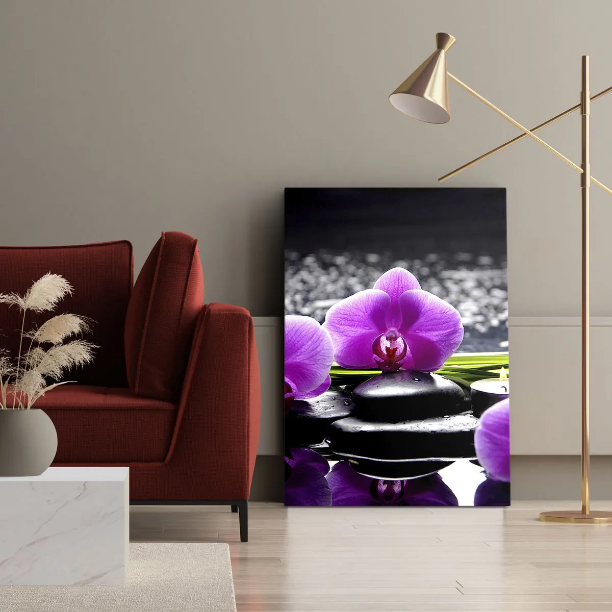 Obraz na płótnie - Fioletowe orchidee na tle kamieni i świeczek w relaksacyjnej scenerii - 80x120cm - Utonąć w ciszy i spokoju - Nowoczesna dekoracja ścienna do salonu i sypialni ARTTOR