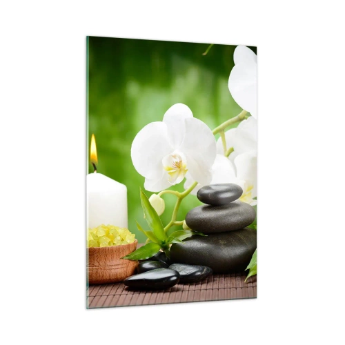 Obraz na szkle - Spa z orchideą, kamieniami i świecami na tle zieleni - 50x70cm - Wonny, kwiatowy, delikatny dotyk - Nowoczesna dekoracja ścienna do salonu, kuchni i sypialni ARTTOR