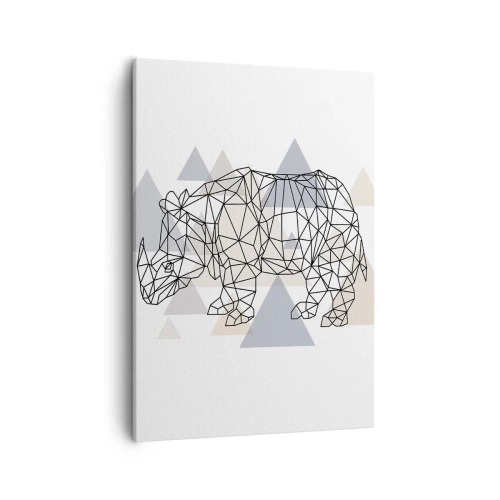 Obraz na płótnie - Geometryczny wizerunek nosorożca na tle pastelowych trójkątów - 50x70cm - Struktura siły - Nowoczesna dekoracja ścienna do salonu, kuchni i sypialni ARTTOR