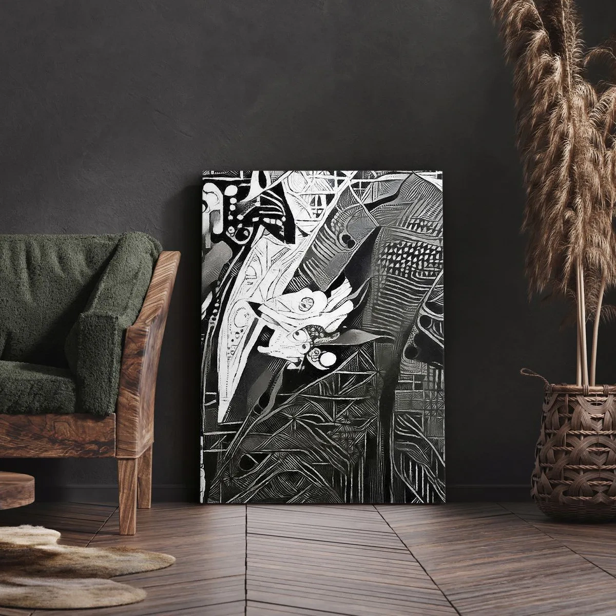 Obraz na płótnie - Elegancka abstrakcja z mężczyzną w garniturze w czerni i bieli - 80x120cm - Tylko na pozór szary człowiek - Nowoczesna dekoracja ścienna do salonu i sypialni ARTTOR