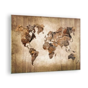 Obraz na szkle - Mapa świata w brązowych odcieniach imitująca drewno - 70x50cm - Odkrycie świata - Nowoczesna dekoracja ścienna do salonu i sypialni ARTTOR