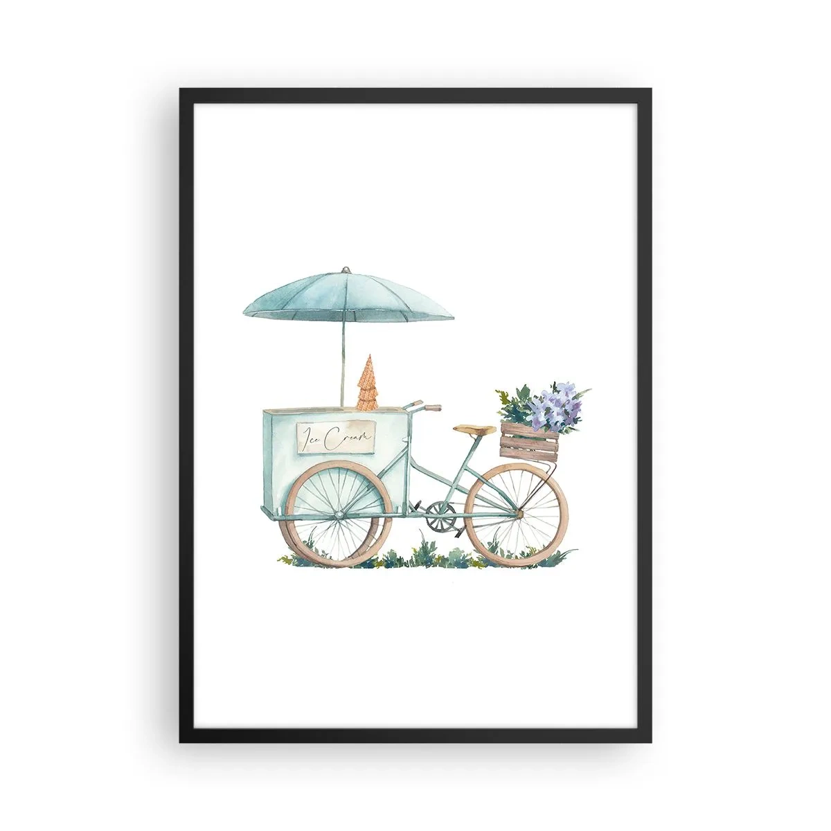 Plakat w czarnej ramie - Akwarelowa ilustracja roweru z lodami i kwiatami - 50x70cm - Słodkie wspomnienie lata - Nowoczesna dekoracja ścienna do salonu i sypialni ARTTOR