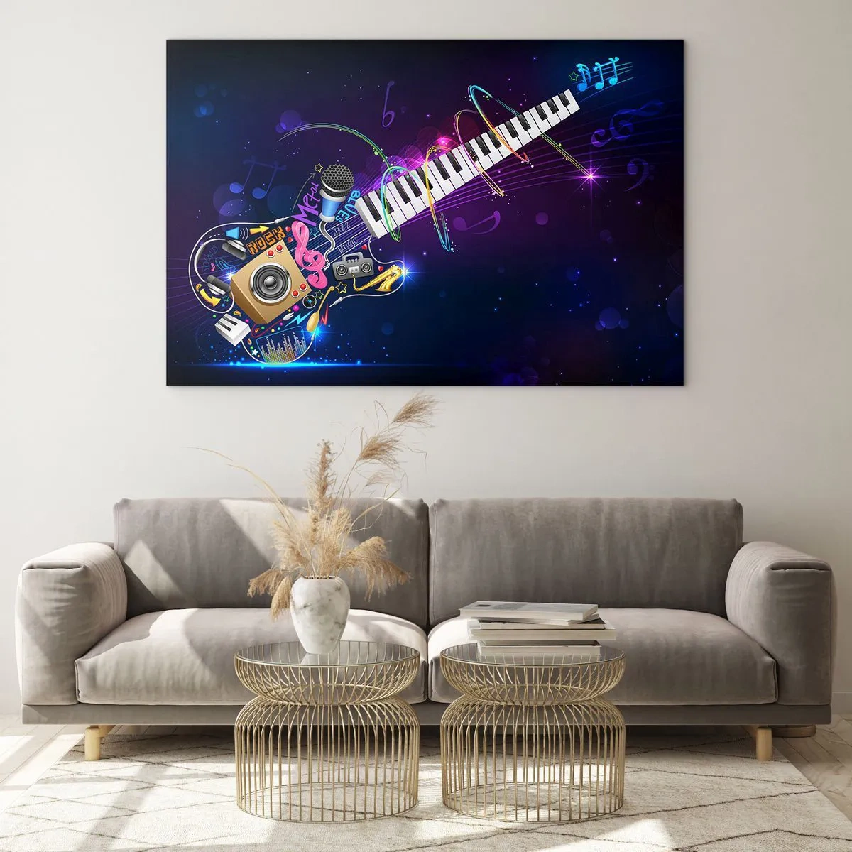 Obraz na szkle - Kolorowa kompozycja muzyczna z instrumentami i nutami - 70x50cm - I wszystko gra - Nowoczesna dekoracja ścienna do salonu i sypialni ARTTOR