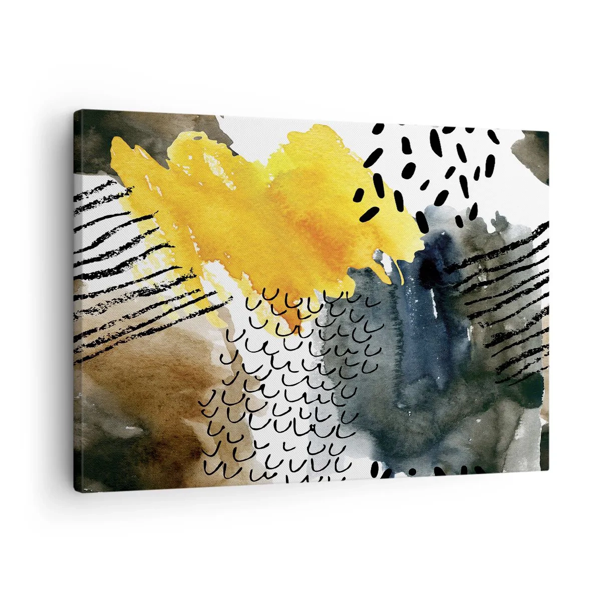 Obraz na płótnie - Abstrakcyjna kompozycja z żółtymi akcentami i graficznymi wzorami - 70x50cm - Spotkanie żywiołów - Nowoczesna dekoracja ścienna do salonu i sypialni ARTTOR