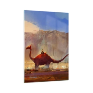 Obraz na szkle - Fantazyjna scena z jeźdźcem na prehistorycznym stworzeniu - 70x100cm - Gdyby nie wyginęły - Nowoczesna dekoracja ścienna do salonu i sypialni ARTTOR