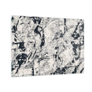 Obraz na szkle - Czarno-biała abstrakcja z dynamicznymi liniami i teksturami - 70x50cm - Przenikanie przeciwieństw - Nowoczesna dekoracja ścienna do salonu i sypialni ARTTOR