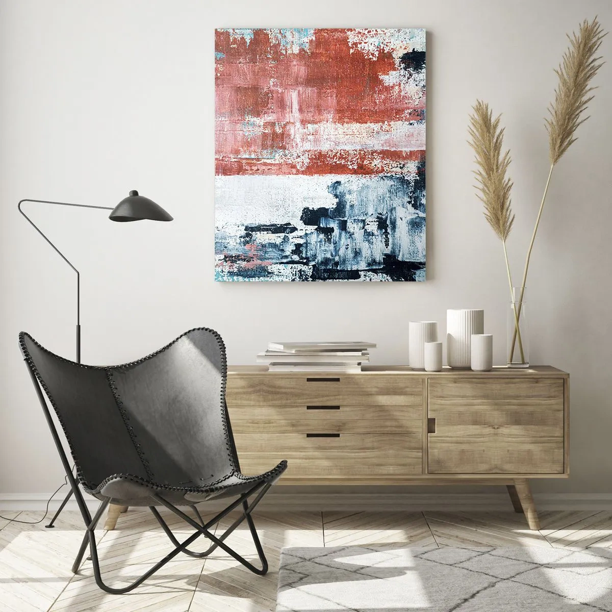 Obraz na szkle - Abstrakcja w biało-niebieskich i ceglanych barwach - 70x100cm - Abstrakcyjne pół na pół - Nowoczesna dekoracja ścienna do salonu i sypialni ARTTOR