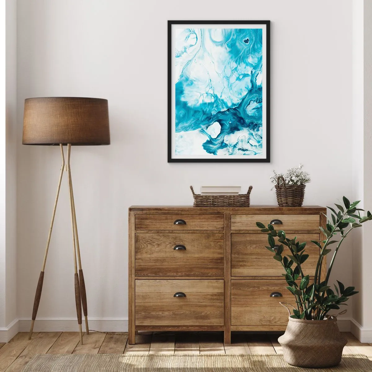 Plakat w czarnej ramie - Abstrakcyjna kompozycja w odcieniach błękitu i bieli - 50x70cm - Koncert błękitu - Nowoczesna dekoracja ścienna do salonu i sypialni ARTTOR