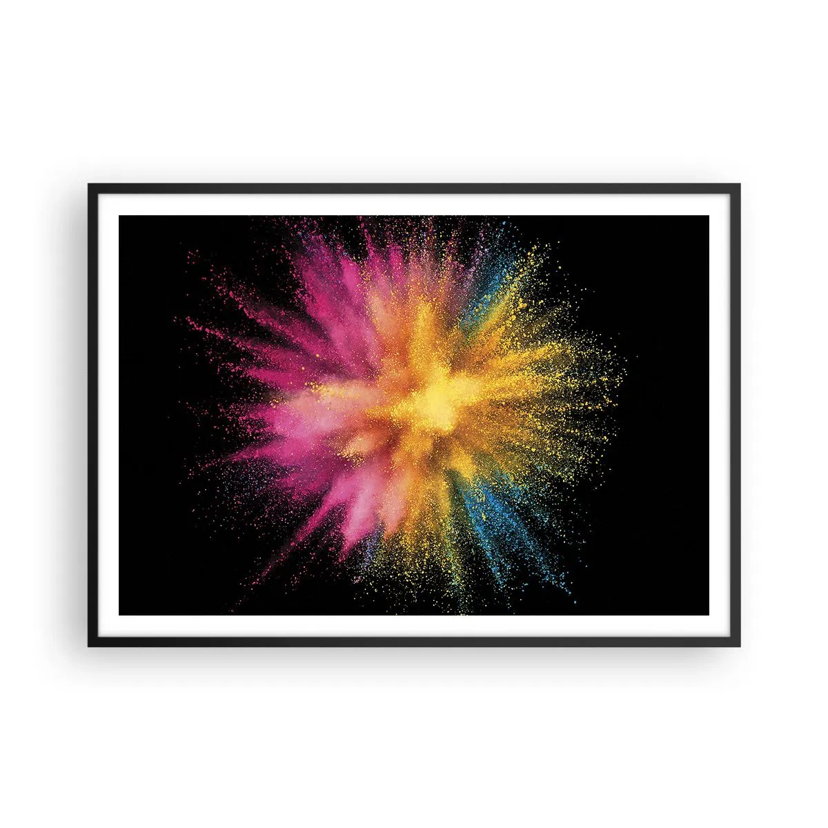 Plakat w czarnej ramie - Kolorowy wybuch proszków na czarnym tle - 100x70cm - Narodziny barw  - Nowoczesna dekoracja ścienna do salonu i sypialni ARTTOR