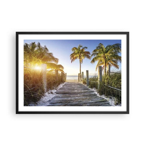 Plakat w czarnej ramie - Drewniana ścieżka na plaży z palmami w tle - 70x50cm - Prosto do raju - Nowoczesna dekoracja ścienna do salonu i sypialni ARTTOR